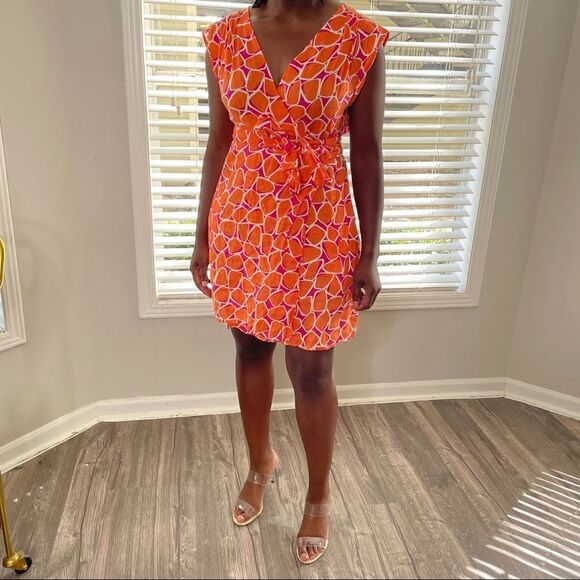 Revolve Diane Von Furstenberg DVF Orange Purple Giraffe Animal Print Wrap Dress - Picture 2 of 14